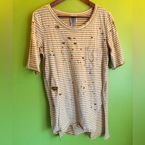 Free People - Medium Distressed Striped Tee Mustard Cream Grunge Boho Oversized